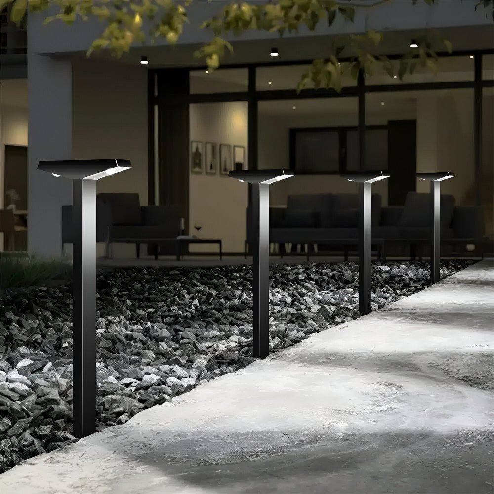 Solar garden lights set featuring a modern T-shaped design with dual LED lighting, weather-resistant construction, and solar-powered functionality, includes four pieces for outdoor illumination 0